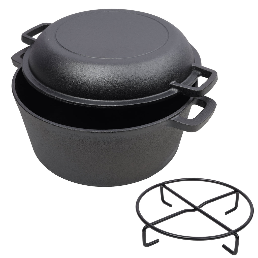 2 in 1 Pre-Seasoned Cast Iron Dutch Oven With Dual Handles, Outdoor Camping Deep Pot for Camping Fireplace Cooking BBQ Baking Campfire, 5 Quart.With 1pc Iron Pot Rack.