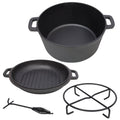3 in 1 Pre-Seasoned Cast Iron Dutch Oven, Outdoor Camping Deep Pot, 5 Quart. Cover As A Skillet with Ribbed Bottom Design. With 1PC Iron Pot Rack, 1PC Lid Lifter.