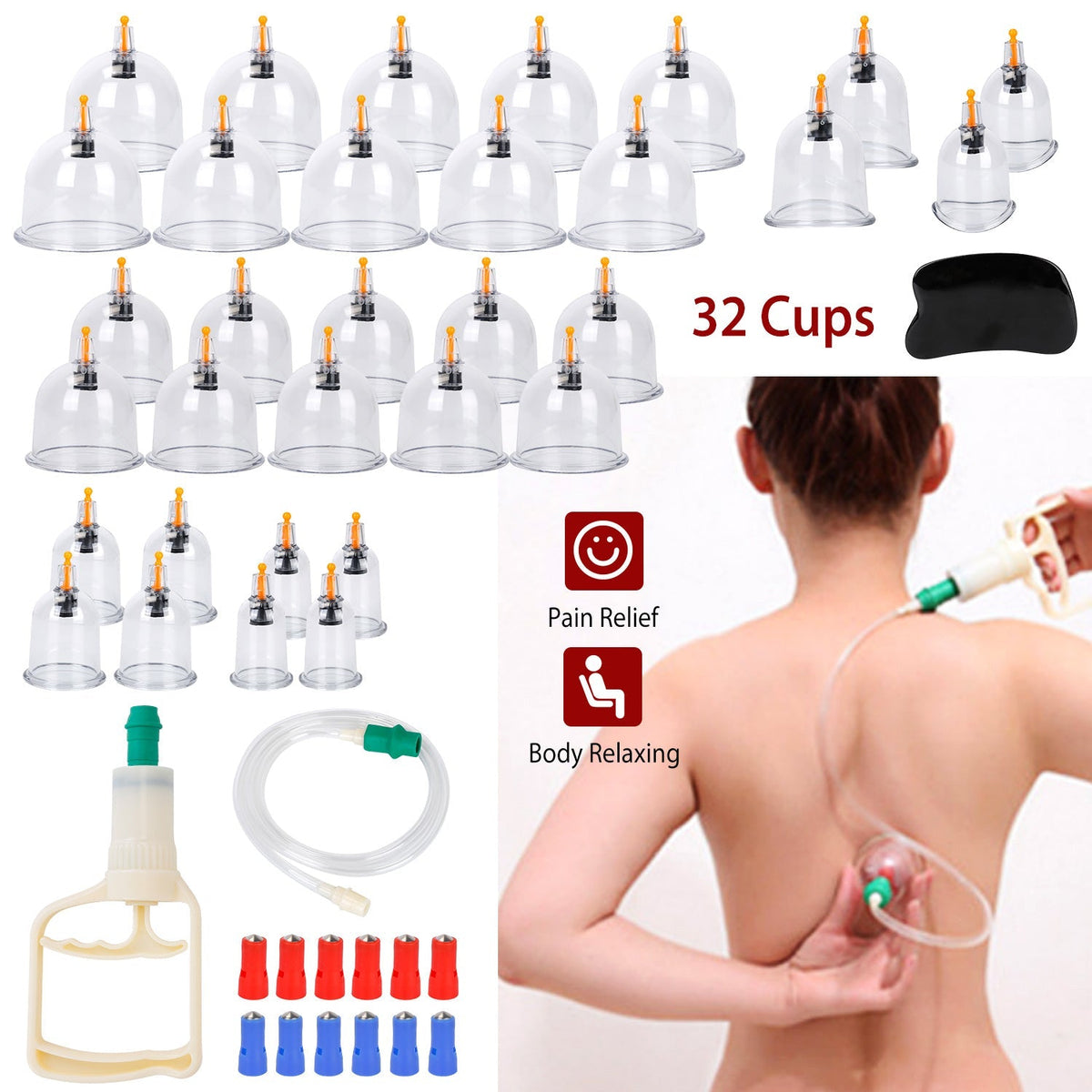 32 Cups Chinese Massage Therapy Cupping Set Body Vacuum Suction Kit Acupoint Massage Kit