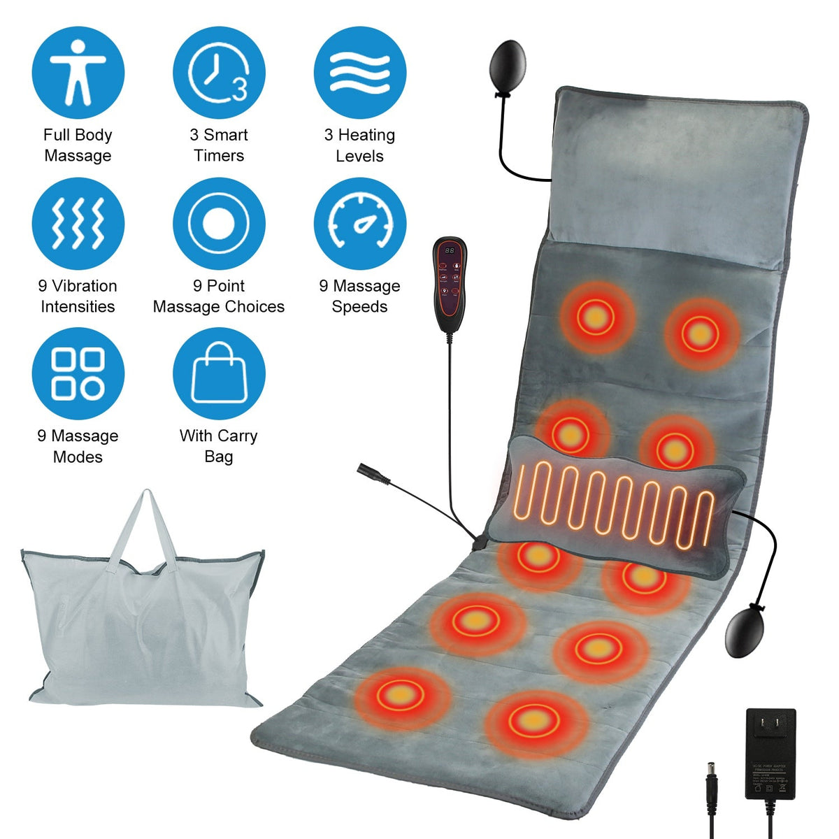 Full Body Electric Massage Mat with Heat Vibration Massage Pad Cushion Back Massage Mattress Chair Pad with Inflatable Head Pillow Lumbar Pillow with