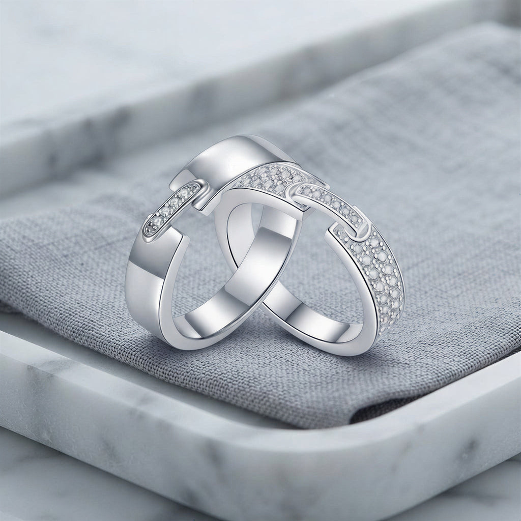 Minimalist Moissanite Couple Rings Set – White Gold Plated Sterling Silver Wedding Bands