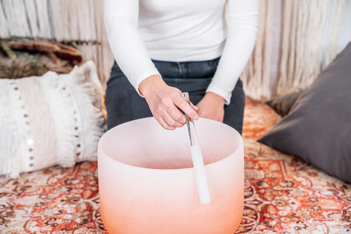 13" Color-Frosted Crystal Singing Bowl, Orange, Note D4, Sacral Chakra