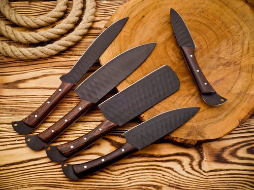 5 Pcs Damascus Kitchen Knife Set with Rosewood Handles & Leather Sheath