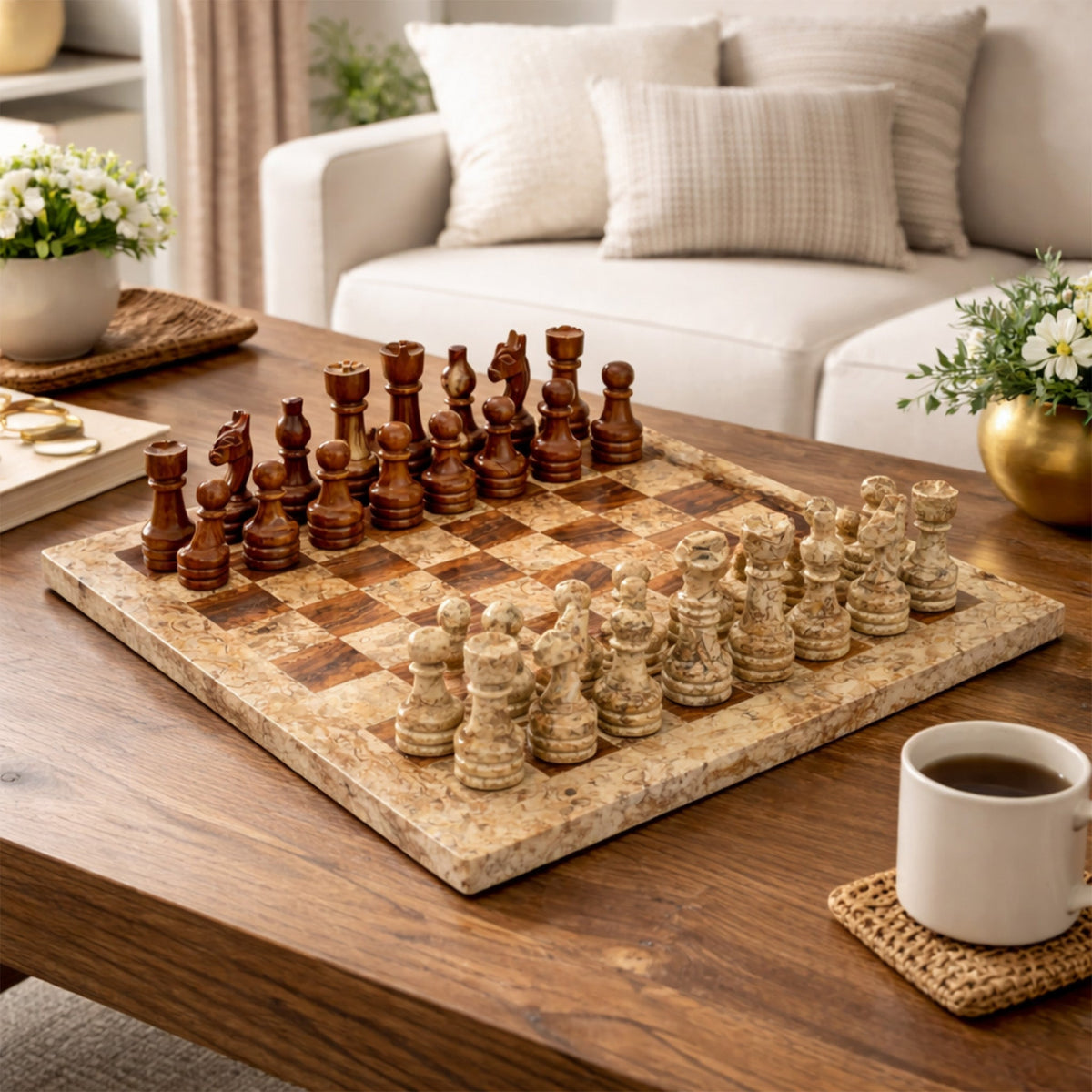 Coral Brown Marble Chess Set 12 Inches - Premium Handcrafted