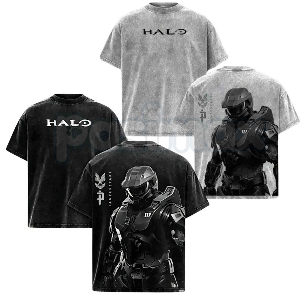 HALO Master Chief 117 T-Shirt – Retro Spartan Back Print Graphic Tee, Premium Acid Wash Oversized Lightweight Cotton Gaming Streetwear Top