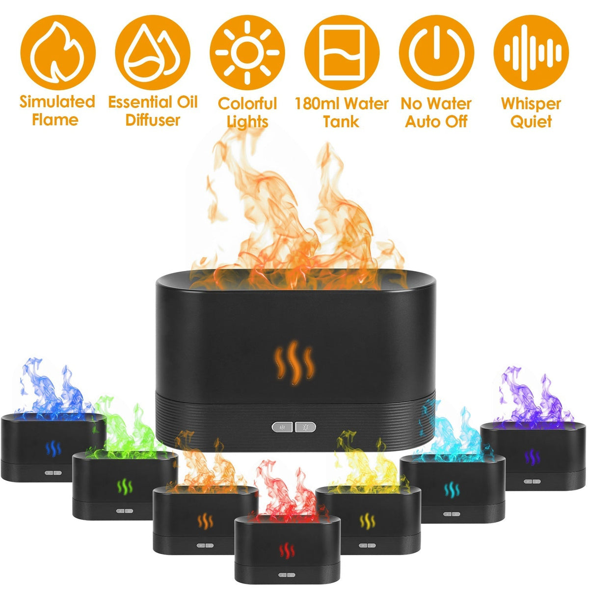 3D Flame Air Humidifier Essential Oil Ultrasonic Aroma Diffuser Bedroom Mist Home Spa Yoga Office Relax Colorful Lights with No Water Auto off Protect