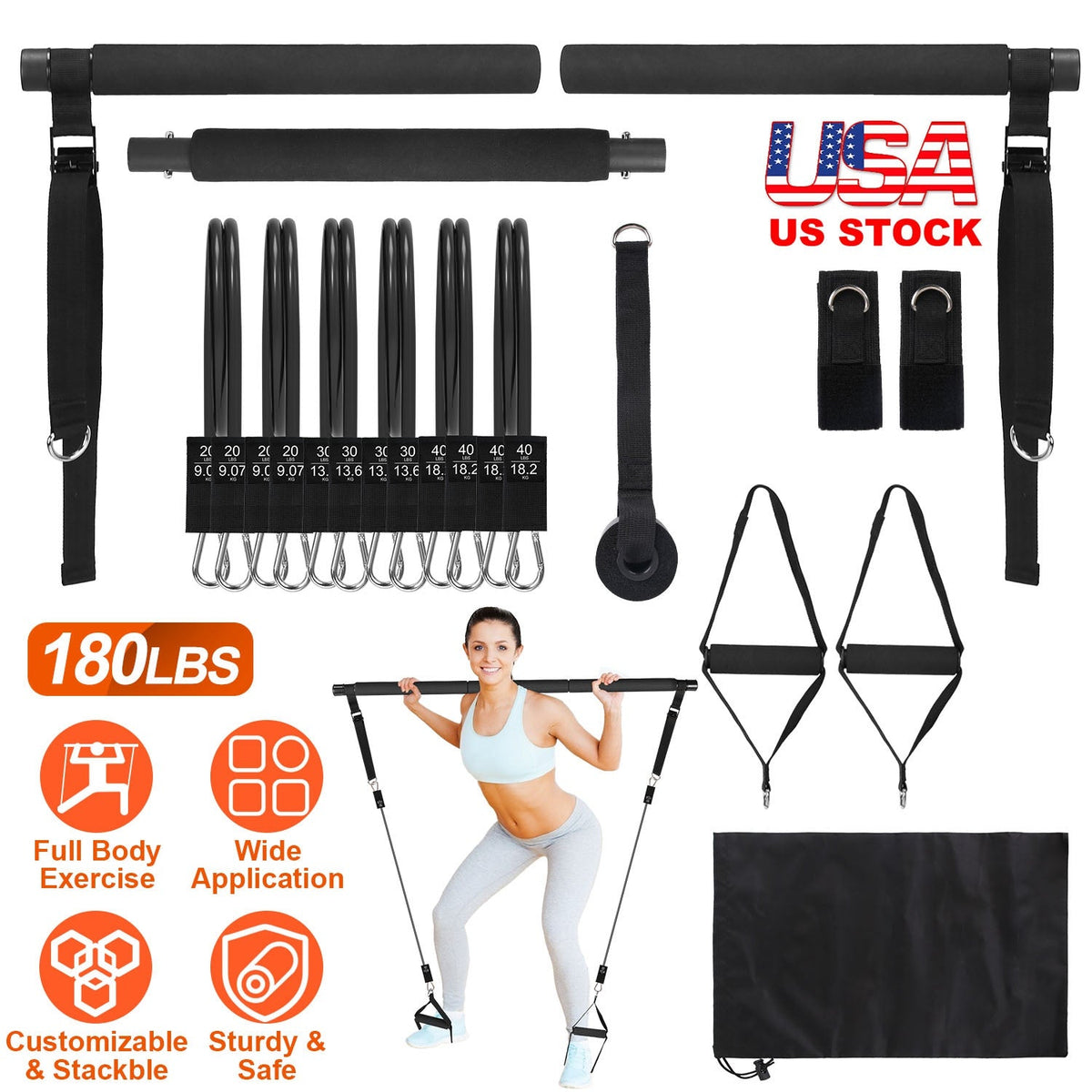 Pilates Bar Kit with 180LBS Resistance Bands Multifunctional Pilates Yoga Toning Bar Full Body Exercise Equipment Set for Beginners Intermediates Prof