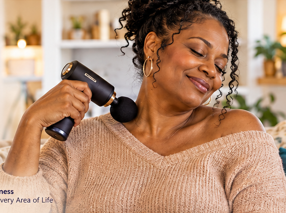 Woman enjoying a handheld massage device at home; RFL wellness hero visual